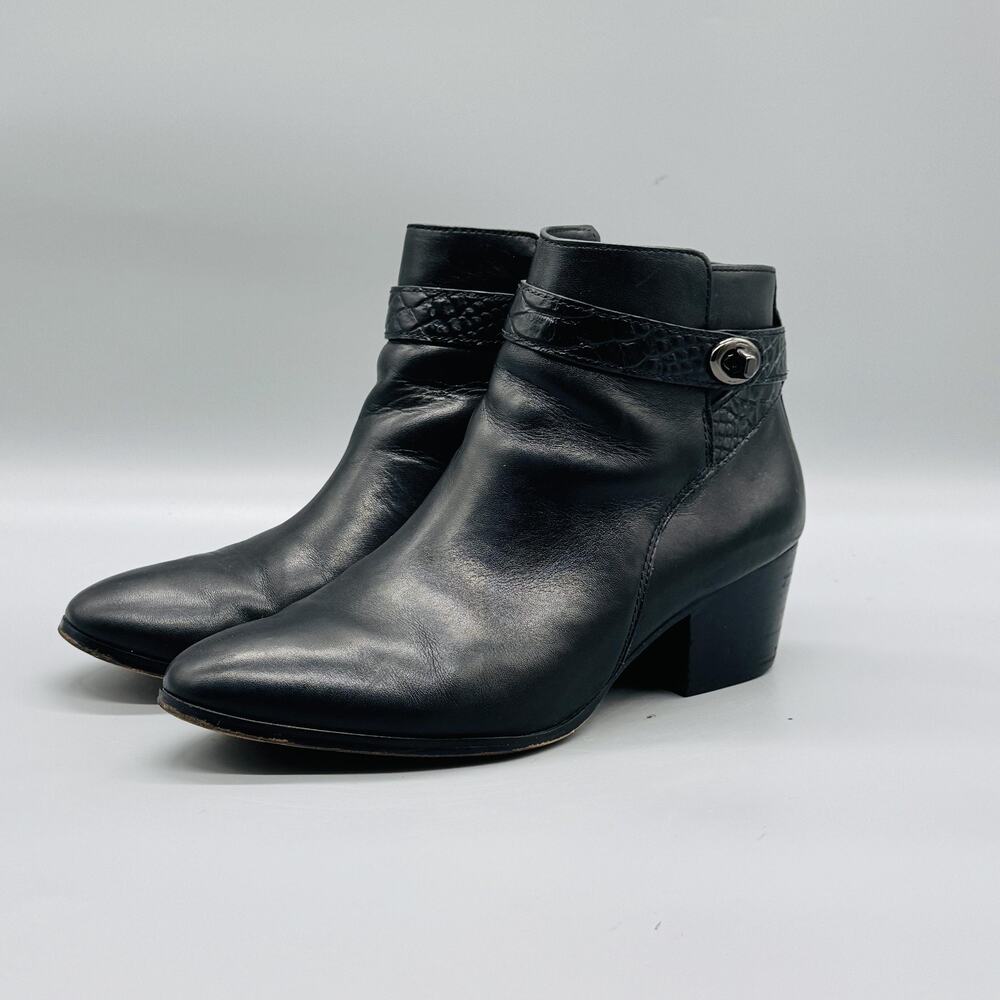Coach Boots Womens 8.5 Black Leather Patricia Ankle Turnlock Block Heel Booties - Picture 3 of 10